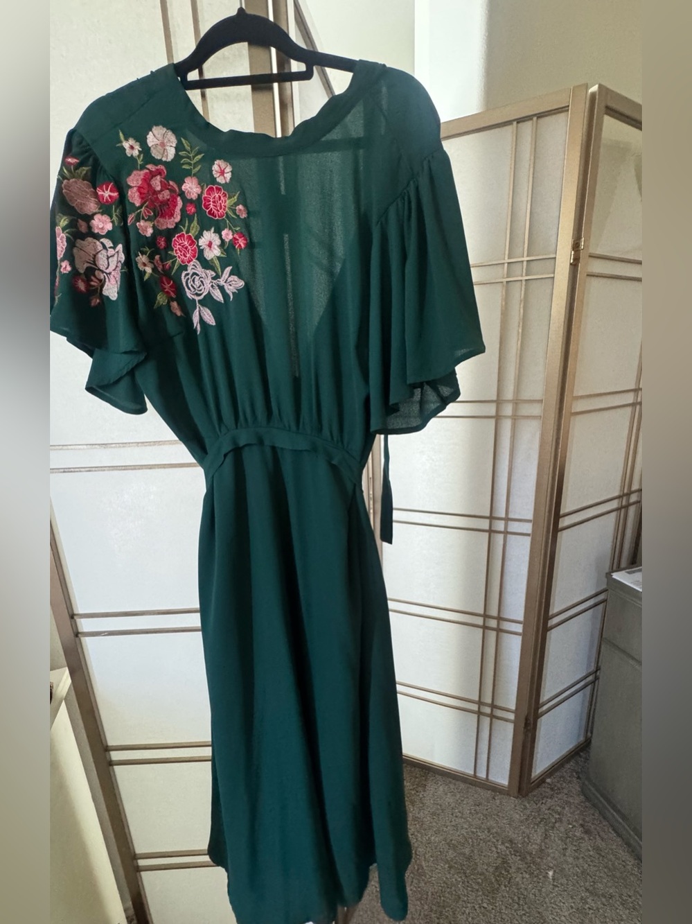Dark Green Midi Dress with Pink Floral Embroidery and flutter sleeves